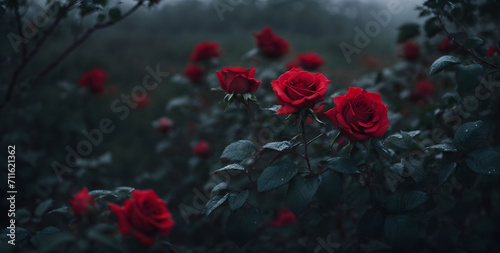 Roses growing in a field, misty morning dew © Reality