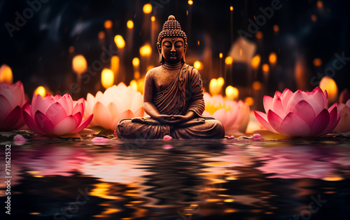 Buddha statue with flowers and leafs on light background. photo