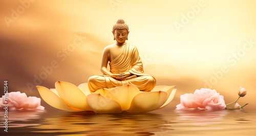 golden buddha statue on colorful background.