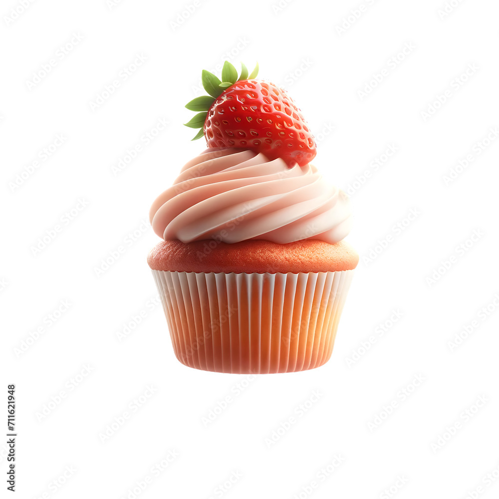 Delicious pink strawberry cupcake isolated on transparent or white background. Png