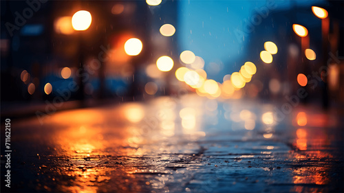 Bokeh lights on the street in the rain. Abstract background