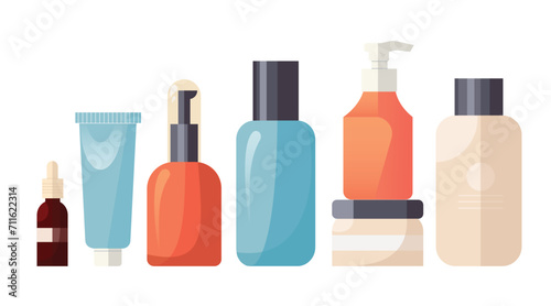 Set with different beauty products, shampoo, moisturizer, lotion, face serum and other. Flat designed isolated on white vector illustrations