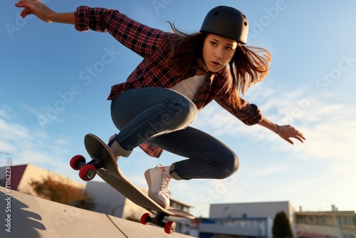 young woman performing stunts on a skateboard in park photo