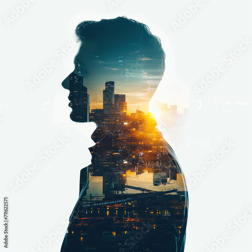 Silhouette businessman with double exposure of cityscape