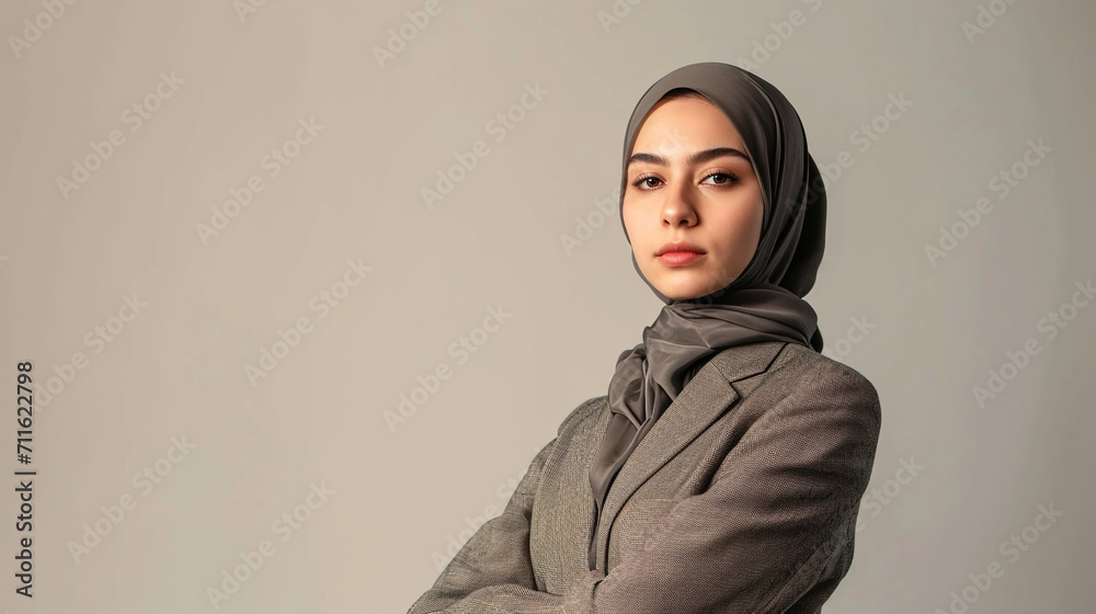 young woman fashion hijab with blazer model in beige background