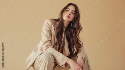 portrait of a girl model pose with sit beige background
