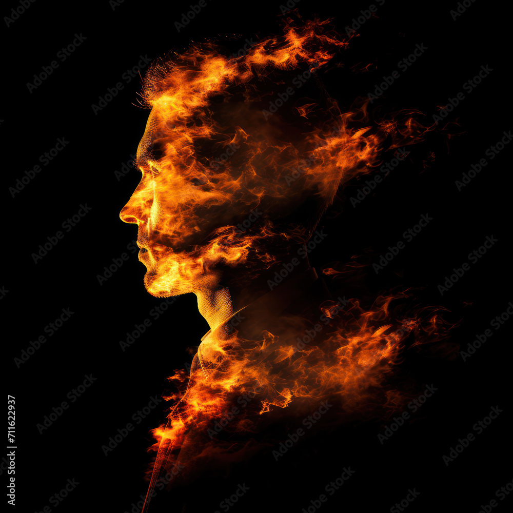 Silhouette businessman with double exposure burning fire Silhouette businessman with double exposure burning fire