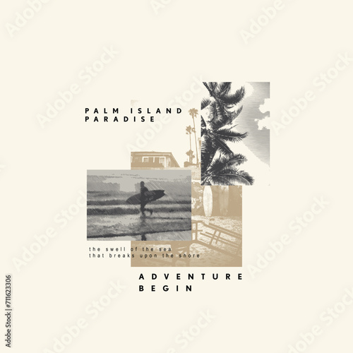 Palm Island Paradise Adventure Begin Surfing summer beach scene typography t shirt design poster