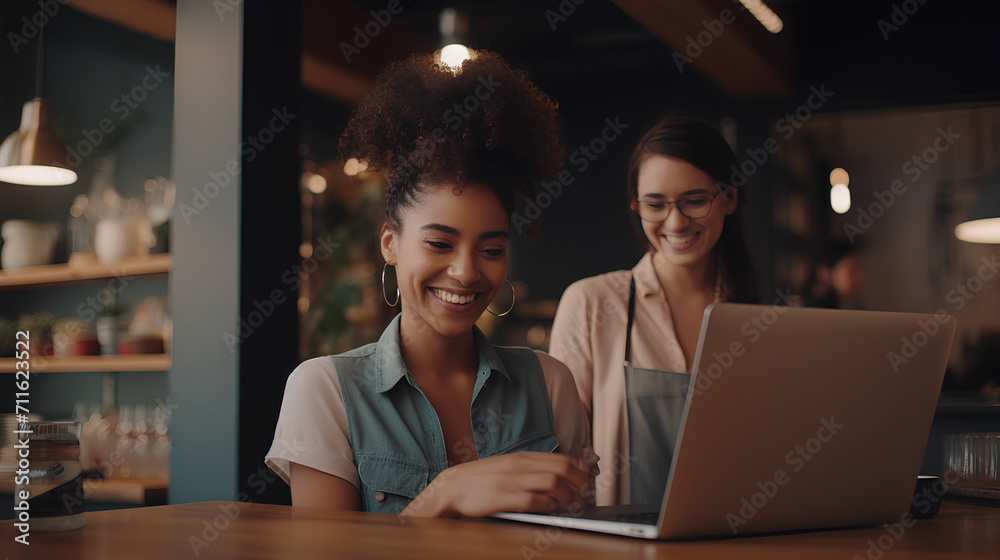 Two smiling business owners working on Laptop in Café
