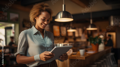 Waitress Using Digital Tablet to View and Manage Orders in Coffee Shop