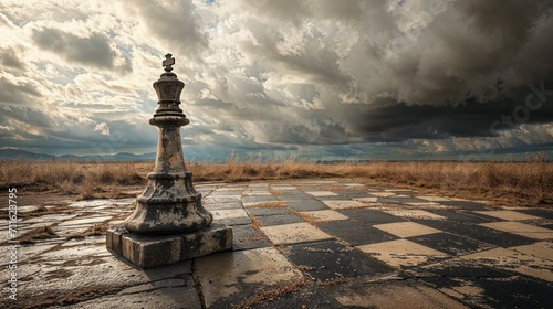 Giant chess king piece in a coastal landscape
