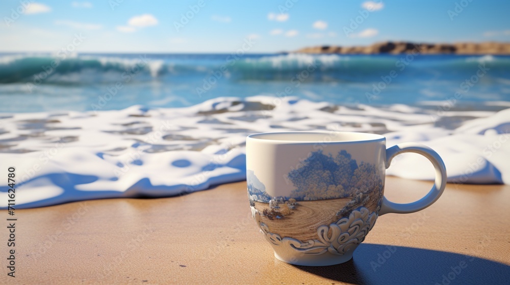 A beautiful sea shore crafted on mug - Generative AI A beautiful sea shore crafted on mug - Generative AI