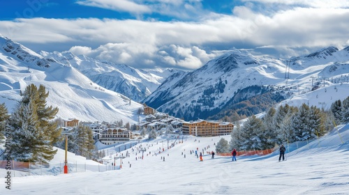 Ski resort with skiers on slopes and snowy mountains in the background. © Karolis