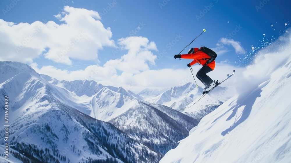 Skier mid-air jump with snow-capped mountains.