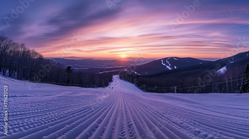 Sunrise over ski resort with groomed trails.