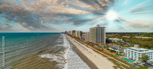 Myrtle Beach from drone, South Carolina. City and beach view at dusk