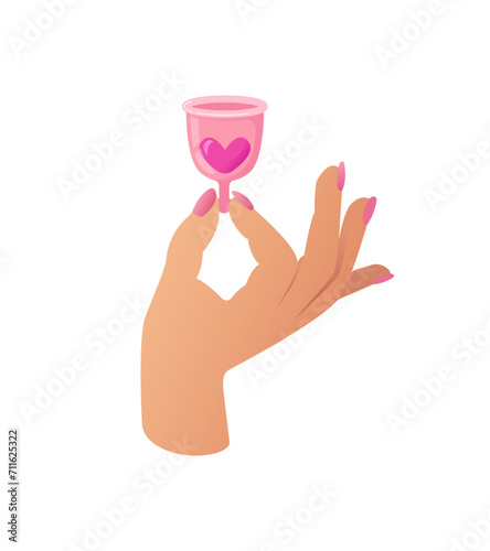A womans hand holds a menstrual cup. Hygiene product. Women Health. Reasonable consumption. Reducing waste. Ecological, reusable. Female reproductive system, cycle. wellness, cartoon style