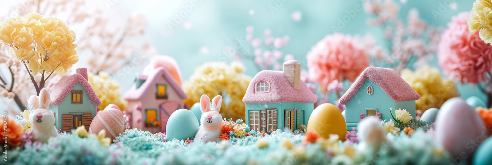 Wide childlike Easter banner with tiny houses, dyed eggs, bunnies and decoration, small village in pastel colour.