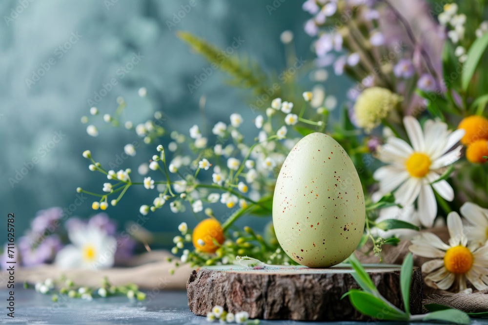 Green dyed Easter egg standing upright on a wooden podium, surrounded with colourful meadow flowers, april holiday greeting card.