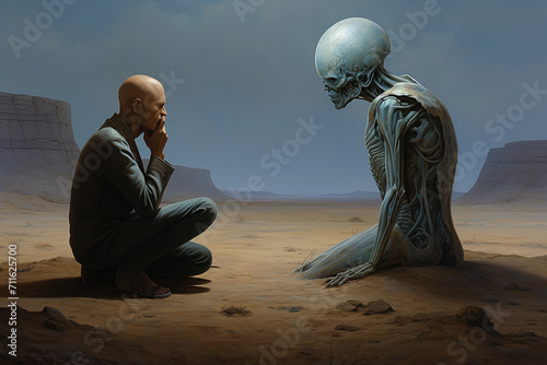Artwork that illustrate potential  emotions surrounding humanity's first contact with alien life photo