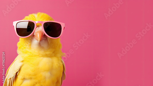 Canary in sunglasses close-up. Portrait of a canary. Anthopomorphic creature. Fictional character for advertising and marketing. Humorous character for graphic design. © Login