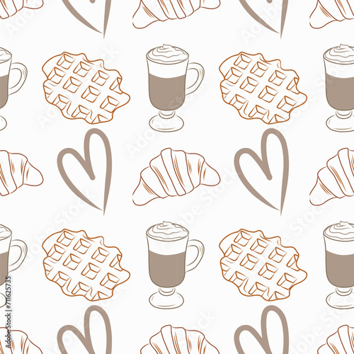 Vector pattern with coffee, croissant, waffle
