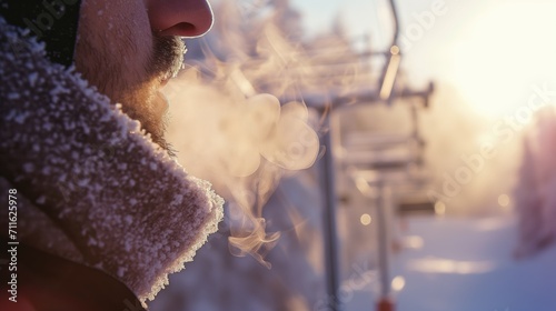 Person's breath in cold air with ski lift and frosty trees in soft-focus background. photo