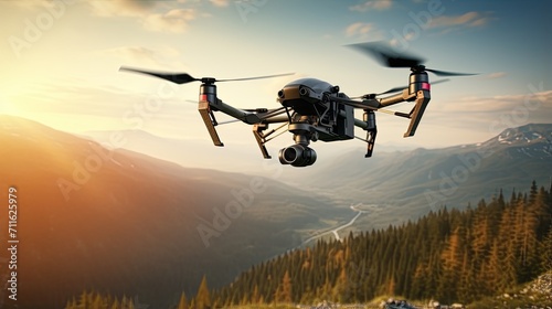 High-tech drone with a digital camera in flight. Application of future technologies. Illustration for banner  poster  cover  brochure or presentation.