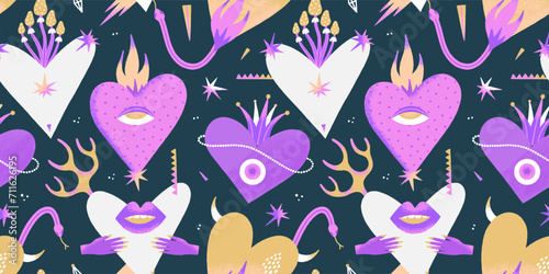 Dangerous hearts. Seamless pattern. Creative Valentines Day design. Contemporary art. Mystical vector illustration in white, purple, yellow colors. Wallpaper, wrapping paper, textile, banner