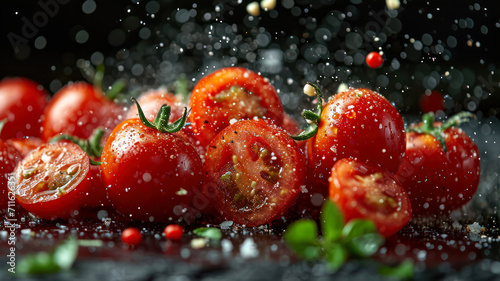 Fresh cherry tomatoes with splashes of water on a black background.