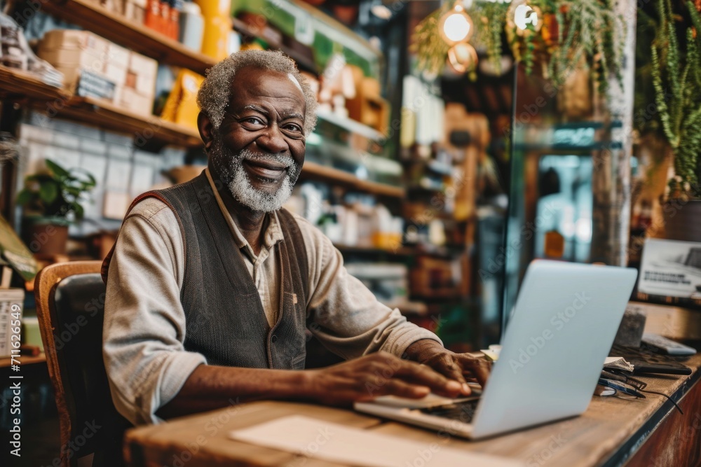 A black senior male business owner runs a successful online and brick-and-mortar business. A black senior male business owner runs a successful online and brick-and-mortar business.