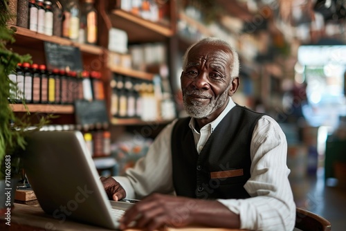 A black senior male business owner runs a successful online and brick-and-mortar business.
