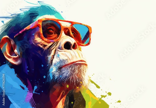 Cartoon colorful monkey with sunglasses on black background. Neon portrait of a chimpanzee in the style of pop art. Digital art. Printable design for t-shirt, bag, postcard, case and other products. photo