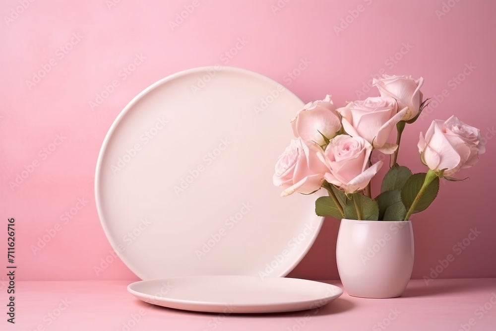 A vase of roses set against a circular backdrop on a pink backdrop studio background A vase of roses set against a circular backdrop on a pink backdrop studio background