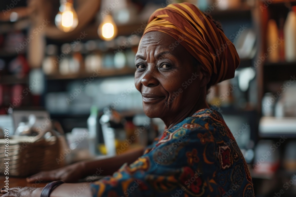 A Black senior female business owner runs a successful online and brick-and-mortar business. A Black senior female business owner runs a successful online and brick-and-mortar business.