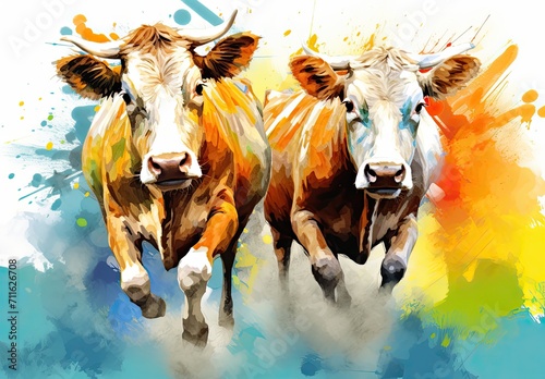 Two running bulls in watercolor style. Illustration for cover, card, postcard, interior design, decor or print.