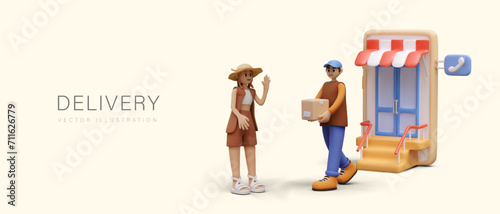 Online delivery order concept. Young male courier holding parcel and delivering order from supermarket to young lady. Vector illustration in 3d style with place for text