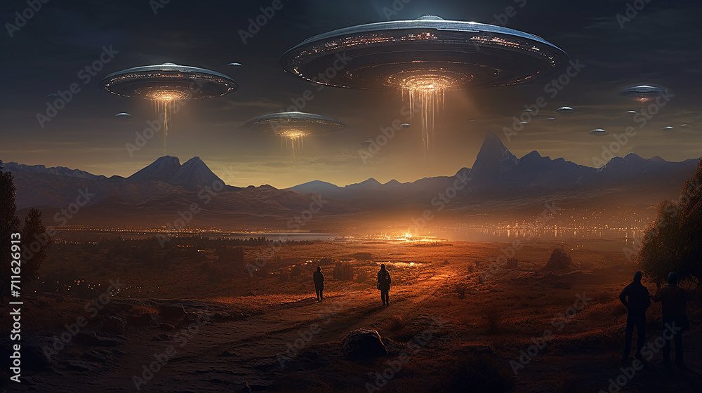 Obraz premium Silhouette Of Peoples and Mysterious UFO Human Floating In Air During Dark Night In Open Field