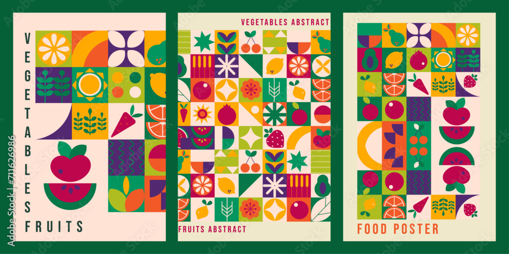 Naklejka premium Geometric modern poster. Abstract nature vegetables fruits Bauhaus