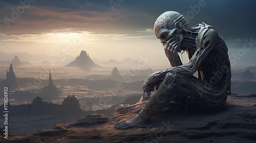 A desperate alien sits in the water on an empty, mountainous planet