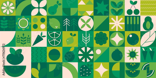 Geometric silhouette background.  Abstract vegetables fruits. Seamless pattern Bauhaus