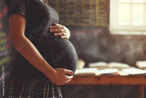 Picture of pregnant female teacher at school who is pregnant and works teaching at a school