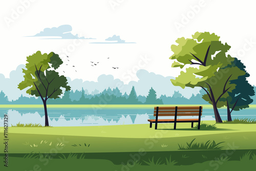 Landscape of a beautiful park. Wooden bench on the shore of the lake, green grass, trees, reflections in the lake, birds against the backdrop of a beautiful sky and clouds. © Evgeniia