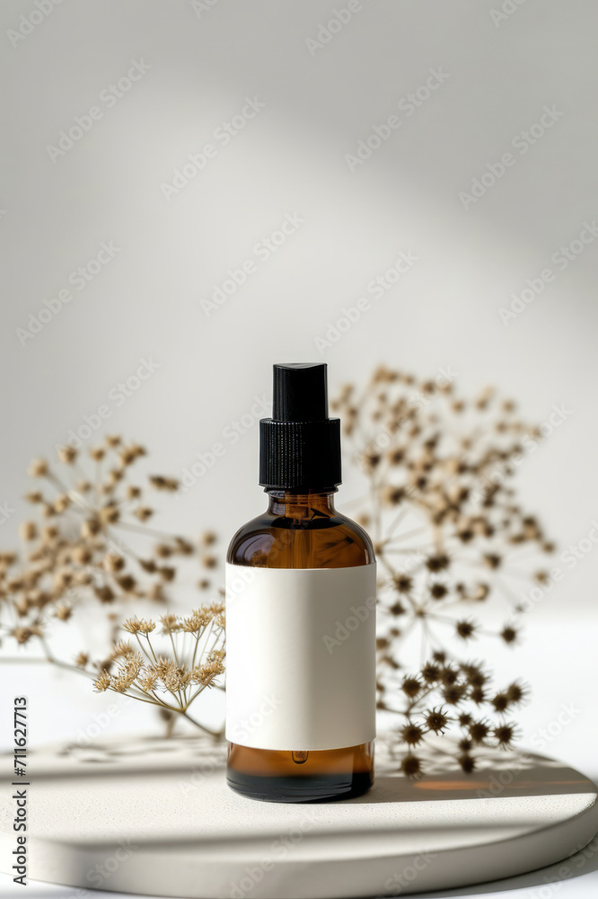 Mock up of a cosmetic bottle with blank label, standing on a table, white background. AI generative