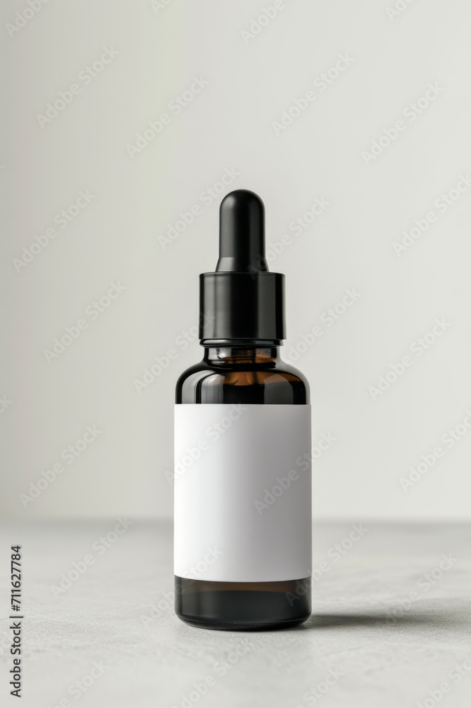 Mock up of a cosmetic bottle with blank label, standing on a table, white background. AI generative Mock up of a cosmetic bottle with blank label, standing on a table, white background. AI generative