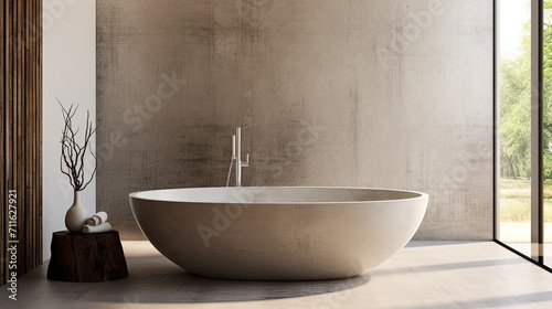 Modern design spacious bathroom with bathtub, wash basin, potted tree and towels. Interior decoration of the room with natural light from the window. Illustration for interior design or presentation.