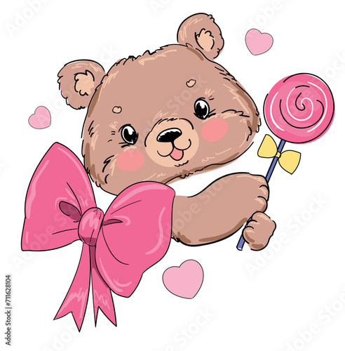 Hand drawn cute little bear and pink lolipop background valentine day love vector simple illustration design