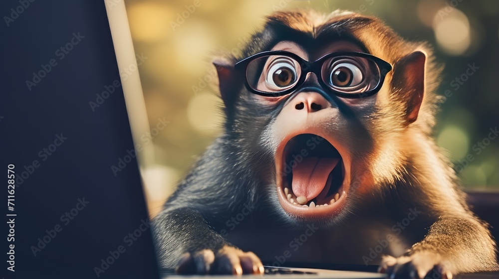 Anthropomorphic monkey with glasses working at a laptop in an office. Human characters through animals. Creative idea. Shocked, startled or frightened look with wide open mouth and bulging eyes. - obrazy, fototapety, plakaty 