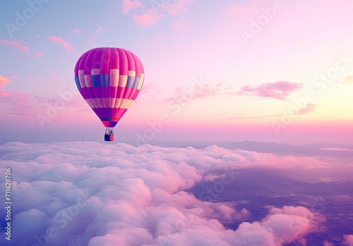 Pink hot air balloon flying above beautiful clouds. Motivation and inspiration concept for active summer vacation. Natural background of the sky. Cloudy landscape. Illustration of diverse design.