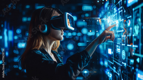 Young girl in virtual reality glasses pointing finger at glowing cyber icons on dark background.